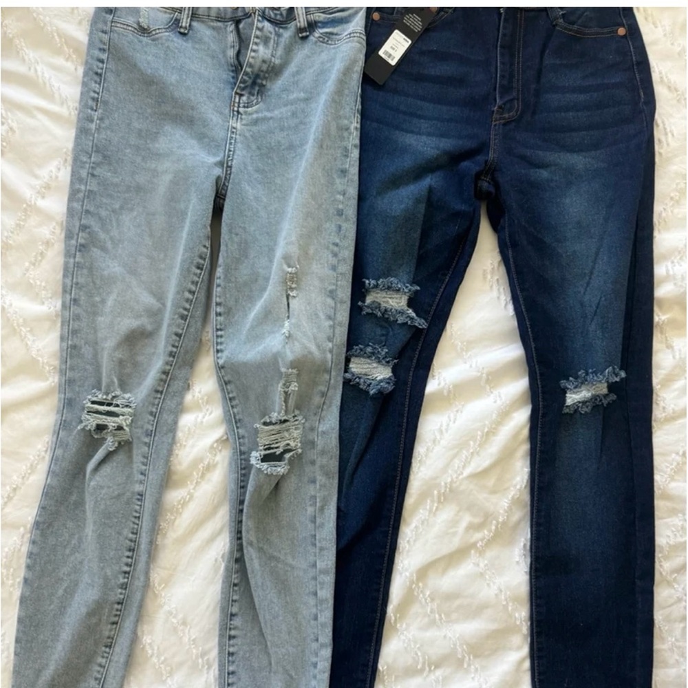 Fashion Nova Women's Ripped Skinny Jeans - Light Blue and Dark Blue